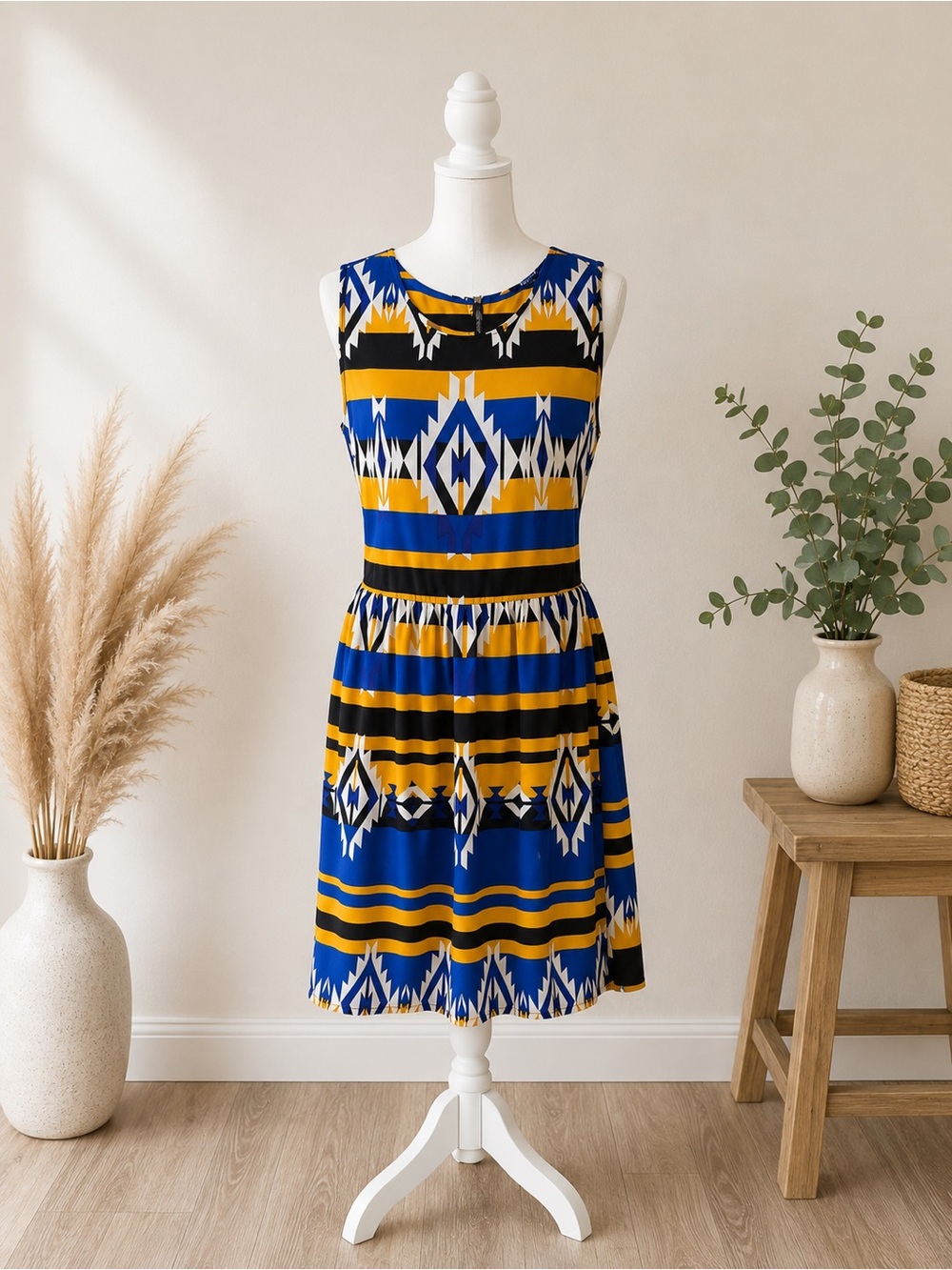BeBop Sleeveless Midi Dress in Blue, Yellow and Black